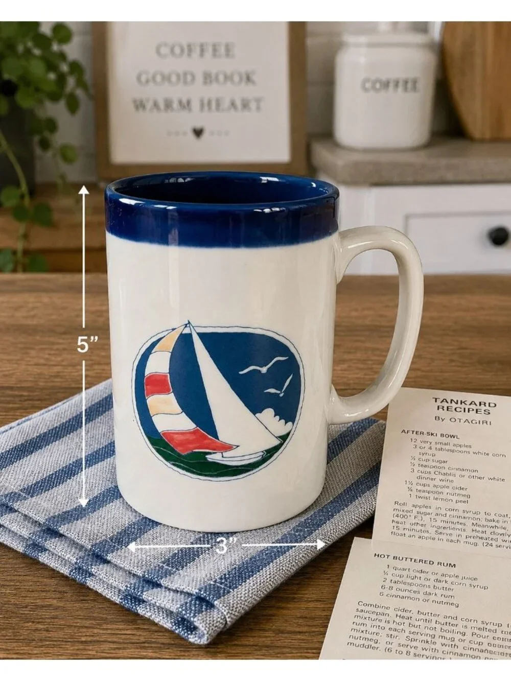 Vintage Otagiri Sailboat Tankard Mug Blue Nautical Coffee Cup with Original Reci